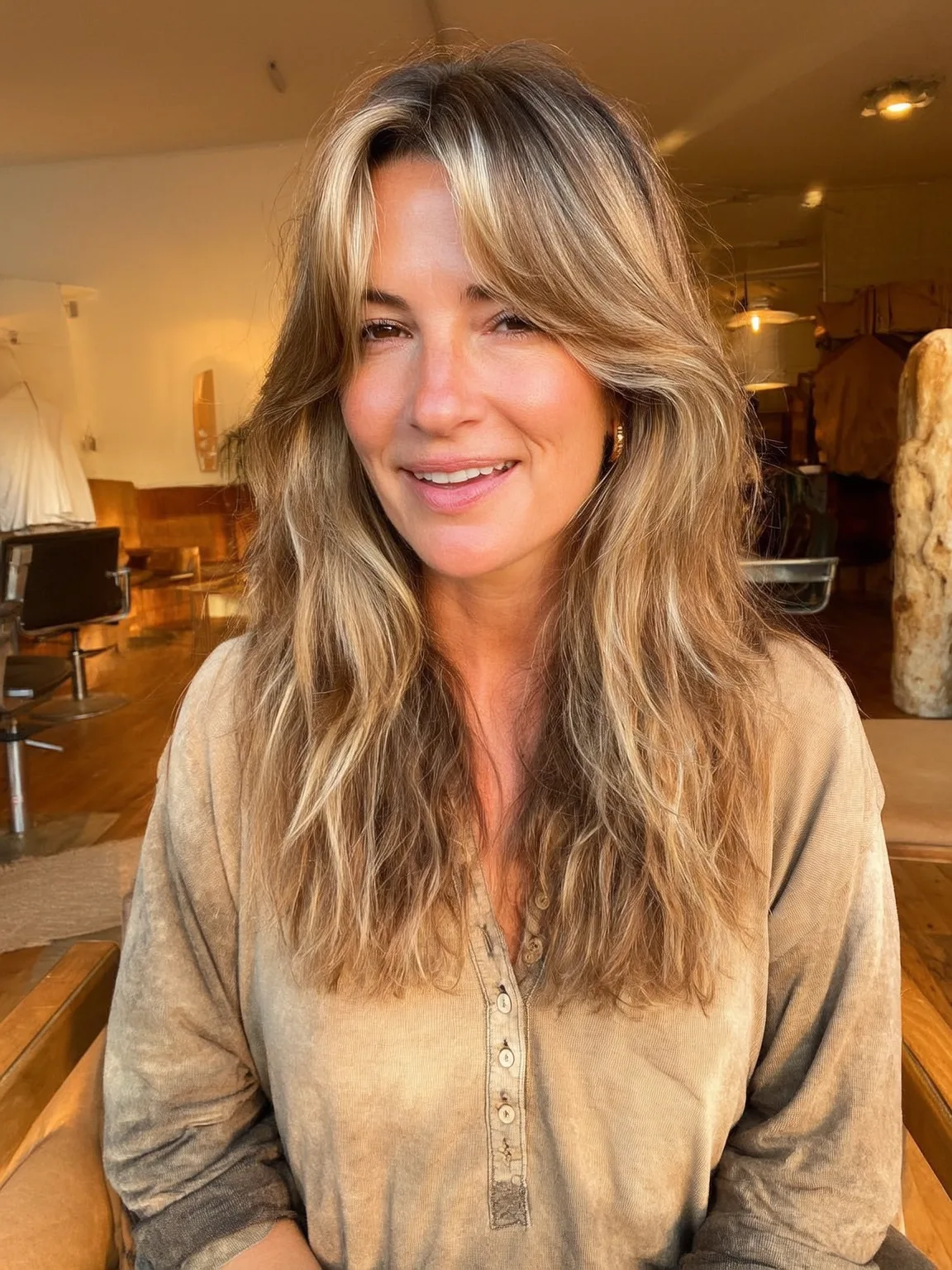 Layered Beach Waves with Sandy Blonde Balayage and Curtain Bangs
